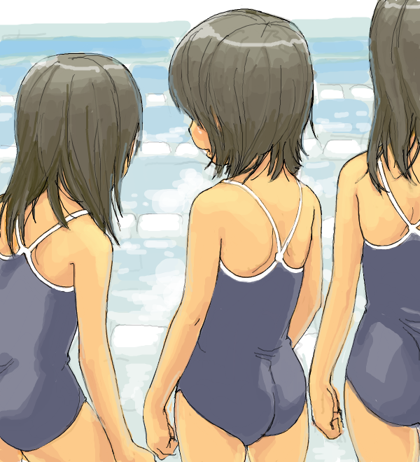 3girls ass beach black_hair child flat_chest from_behind kikurage_(crayon_arts) multiple_girls outside swimsuit