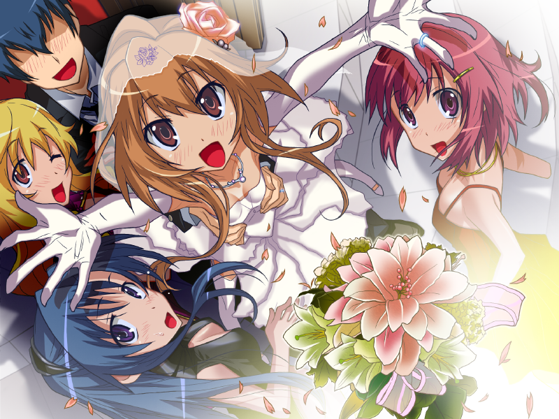 aisaka_taiga blonde_hair blue_hair bouquet flower gloves jewelry kawashima_ami kushieda_minori looking_at_viewer miyanose_you redhead ring takasu_ryuuji takasu_yasuko toradora! wedding_dress white_dress white_gloves wink