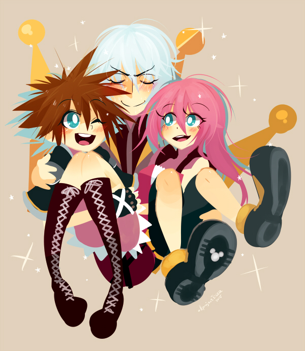 1girl 2boys brown_hair carrying happy kairi_(kingdom_hearts) kingdom_hearts multiple_boys open_mouth pink_hair princess_carry projecttiger riku shoes silver_hair smile sneakers sora_(kingdom_hearts) spiky_hair square_enix