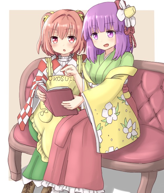2girls :o apron bell book character_name clothes_writing couch cross-laced_footwear dadamori floral_print flower full_body grey_background hair_bell hair_flower hair_ornament hieda_no_akyuu lavender_hair looking_at_viewer meiji_schoolgirl_uniform motoori_kosuzu multiple_girls open_book open_mouth pointing red_eyes redhead simple_background sitting touhou twintails violet_eyes