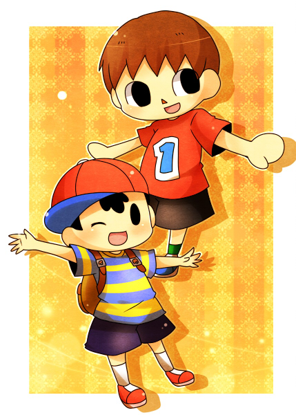 2boys black_hair brown_hair cap crossover doubutsu_no_mori mother_(series) multiple_boys ness nintendo short_hair super_smash_bros. villager_(doubutsu_no_mori)