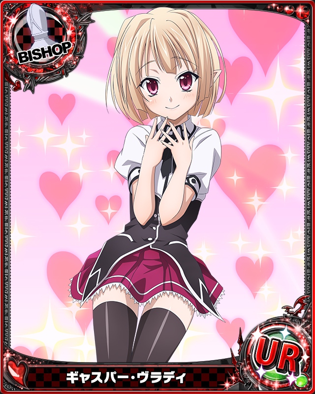 1boy artist_request bishop_(chess) blonde_hair card_(medium) character_name chess_piece crossdressinging gasper_vladi high_school_dxd official_art pointy_ears red_eyes short_hair solo thigh-highs trading_card trap
