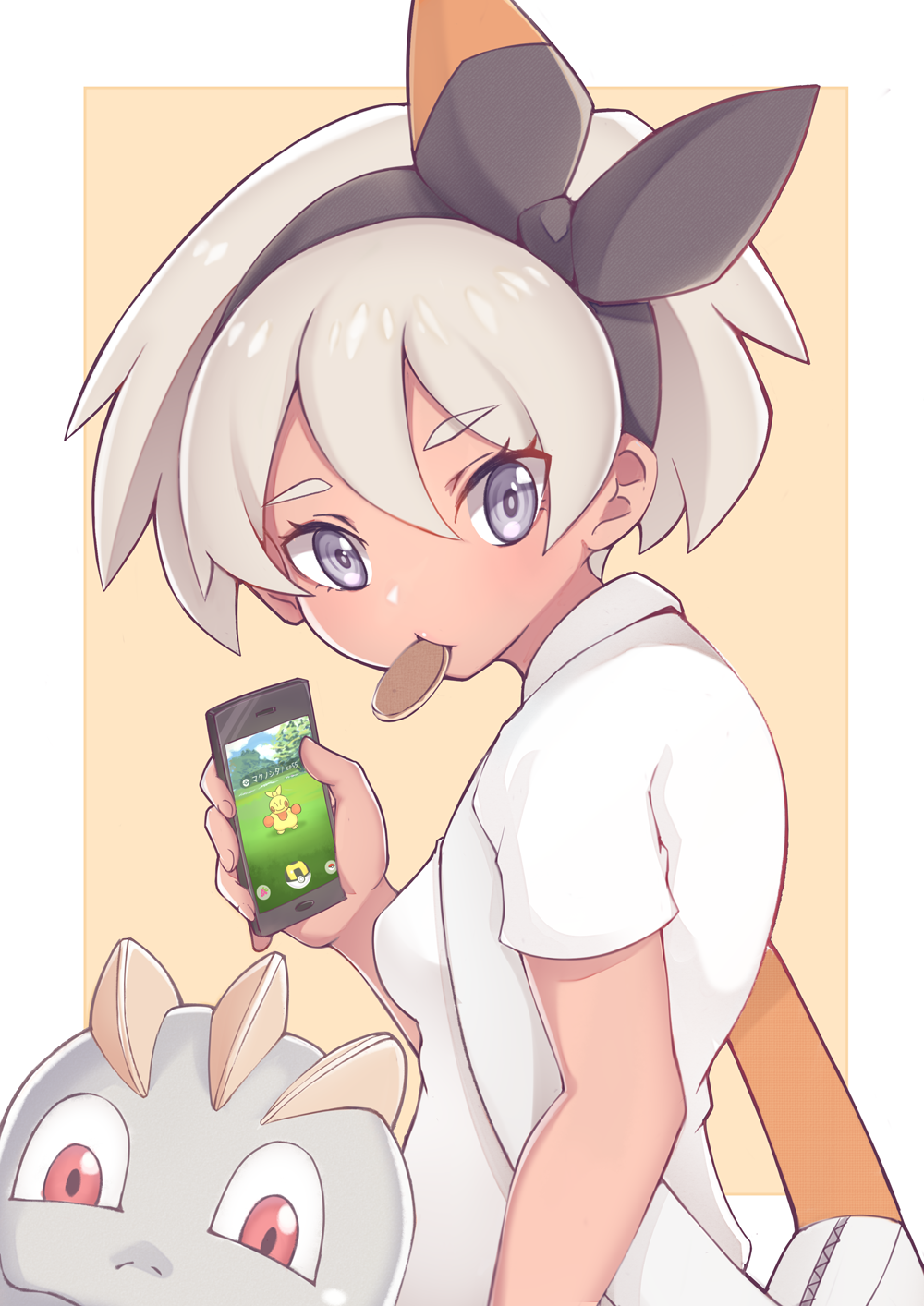 1girl alternate_costume bag bangs black_hairband breasts cellphone collared_shirt eyelashes fingernails food_in_mouth gen_1_pokemon gen_3_pokemon grey_eyes grey_hair hair_between_eyes hairband highres holding holding_phone machop makuhita mouth_hold phone poke_ball pokemon pokemon_(creature) pokemon_(game) pokemon_go pokemon_swsh saitou_(pokemon) shirt short_hair short_sleeves shoulder_bag two-tone_background ultra_ball white_shirt zeolch