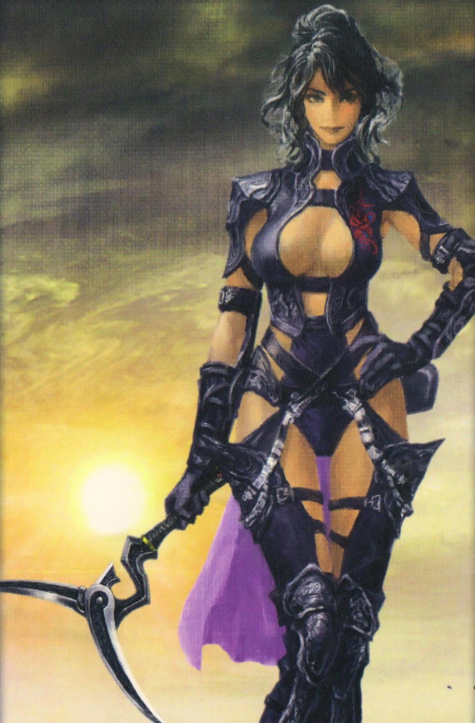 1girl black_hair breasts cleavage cleavage_cutout gloves hand_on_hip heels large_breasts long_boots long_gloves official_art sheelagh short_hair solo standing sun thigh_boots trinity_souls_of_zill_o'll weapon zill_o'll