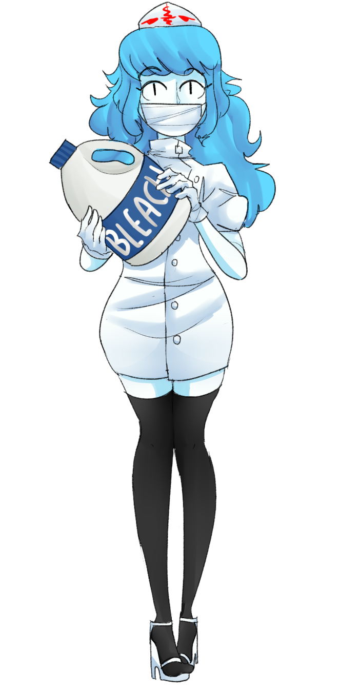 1girl bleach blue_hair breasts cure-chan dress female full_body hat high_heels long_hair nurse nurse_cap original personification simple_background solo surgical_mask thigh-highs