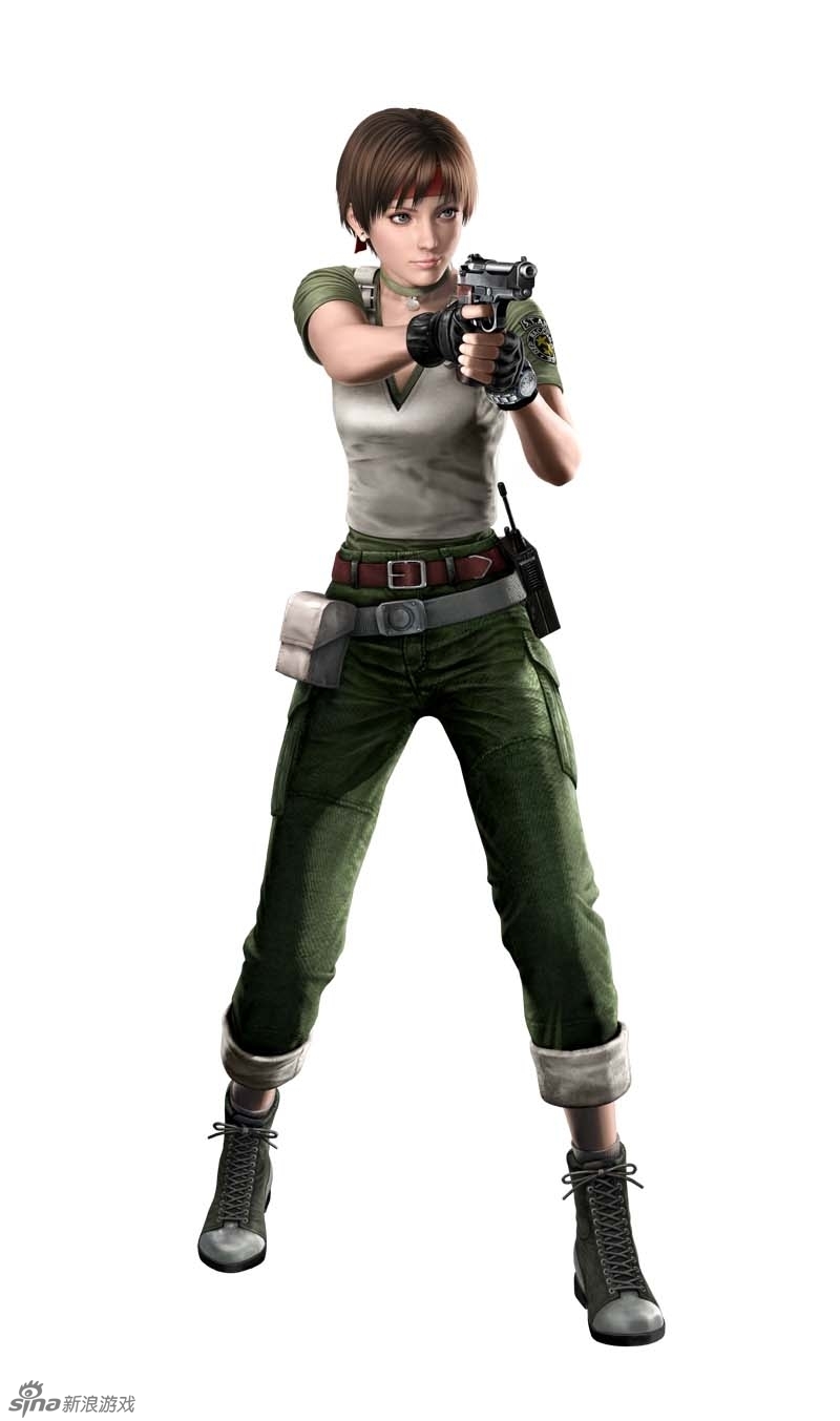 1girl brown_hair fingerless_gloves gloves gun headband radio rebecca_chambers resident_evil resident_evil_0 short_hair solo walkie-talkie weapon white_background