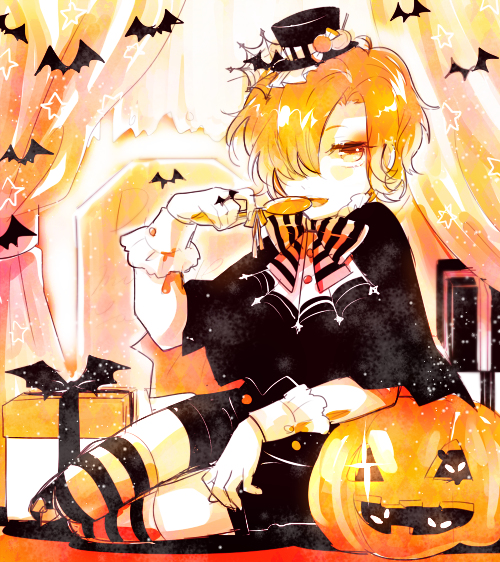 1boy amo_(yellowpink_a) bat bow bowtie candy diabolik_lovers full_body hair_over_one_eye halloween hat looking_at_viewer male_focus matching_hair/eyes mukami_kou orange_eyes orange_hair pumpkin shorts shota smile solo striped_legwear thigh-highs younger zettai_ryouiki