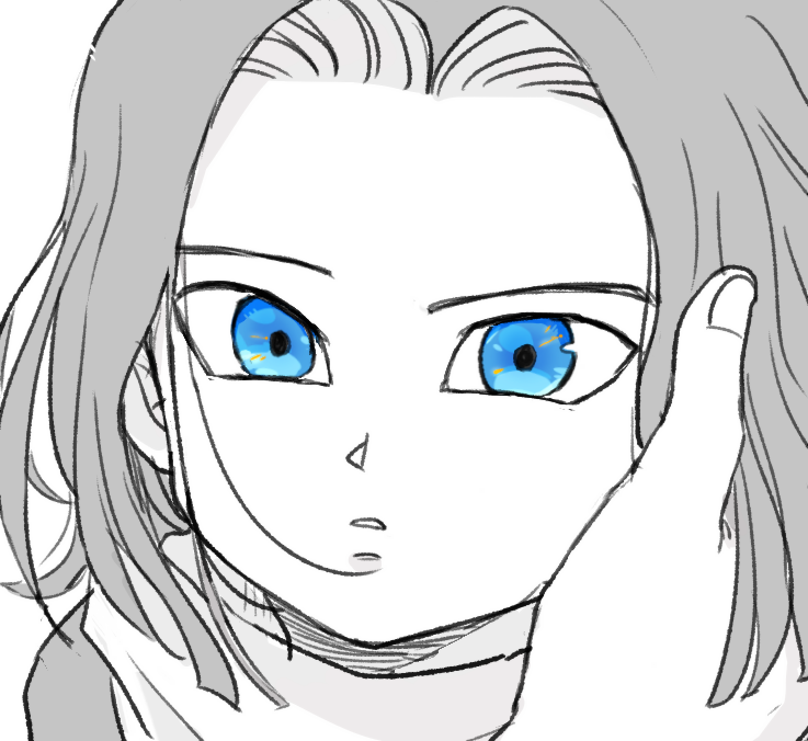 1boy android_17 black_hair black_shirt blue blue_eyes close-up dragon_ball dragonball_z expressionless face fingernails greyscale hand_on_another's_cheek hand_on_another's_face hands heart looking_away male_focus monochrome multicolored multicolored_eyes neckerchief orange_eyes out_of_frame pov pov_hands shirt short_hair simple_background spot_color tkgsize upper_body white_background