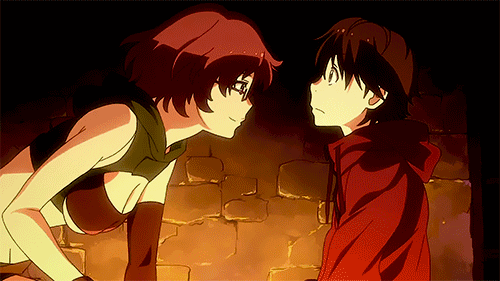 1boy 1girl animated animated_gif ass barbara_(grimgar) bare_shoulders belt breastless_clothes breasts brown_hair butt_crack cleavage cleavage_cutout downpants fingerless_gloves glasses gloves green_shirt hai_to_gensou_no_grimgar holster midriff shirt short_hair short_shorts shorts sleeveless sleeveless_shirt spandex tank_top under-rim_glasses