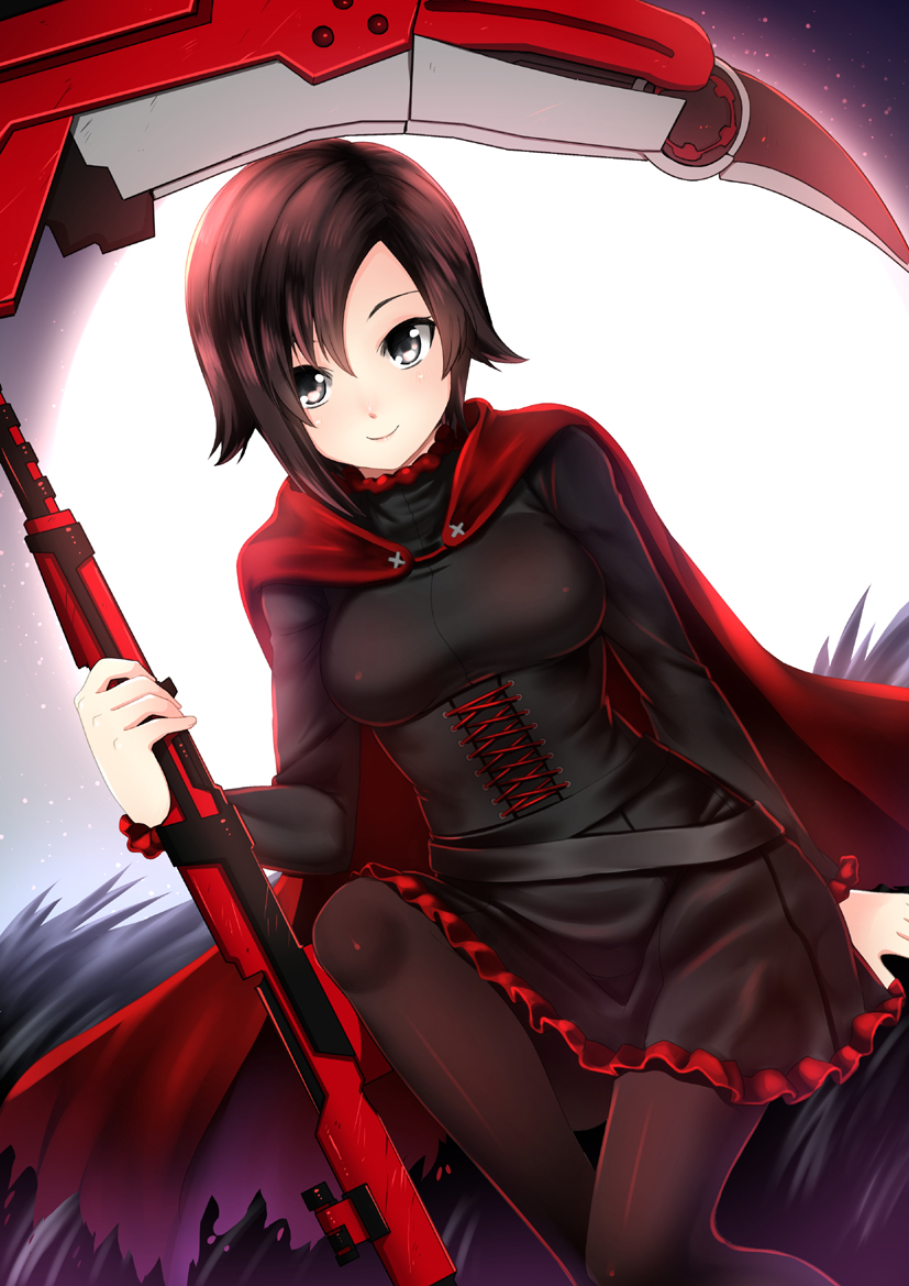 1girl fur go-it looking_at_viewer ruby_rose rwby scythe short_hair sitting smile solo weapon