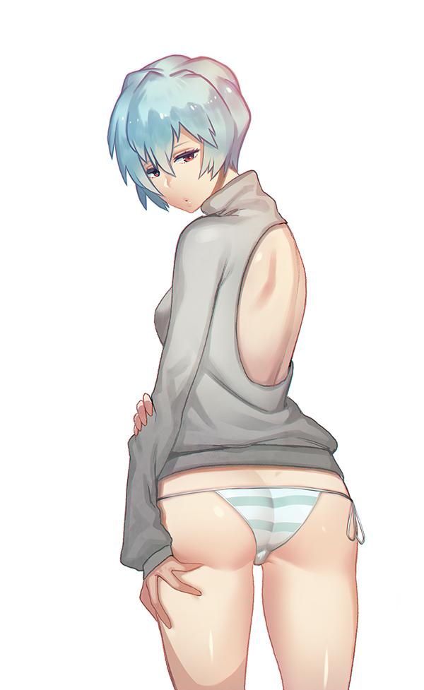 1girl :o ass ayanami_rei back_cutout backless bad_id bare_back blue_hair flat_ass gkfkqkch1 looking_at_viewer looking_back neon_genesis_evangelion no_pants panties red_eyes short_hair side-tie_panties solo striped striped_panties sweater underwear white_background