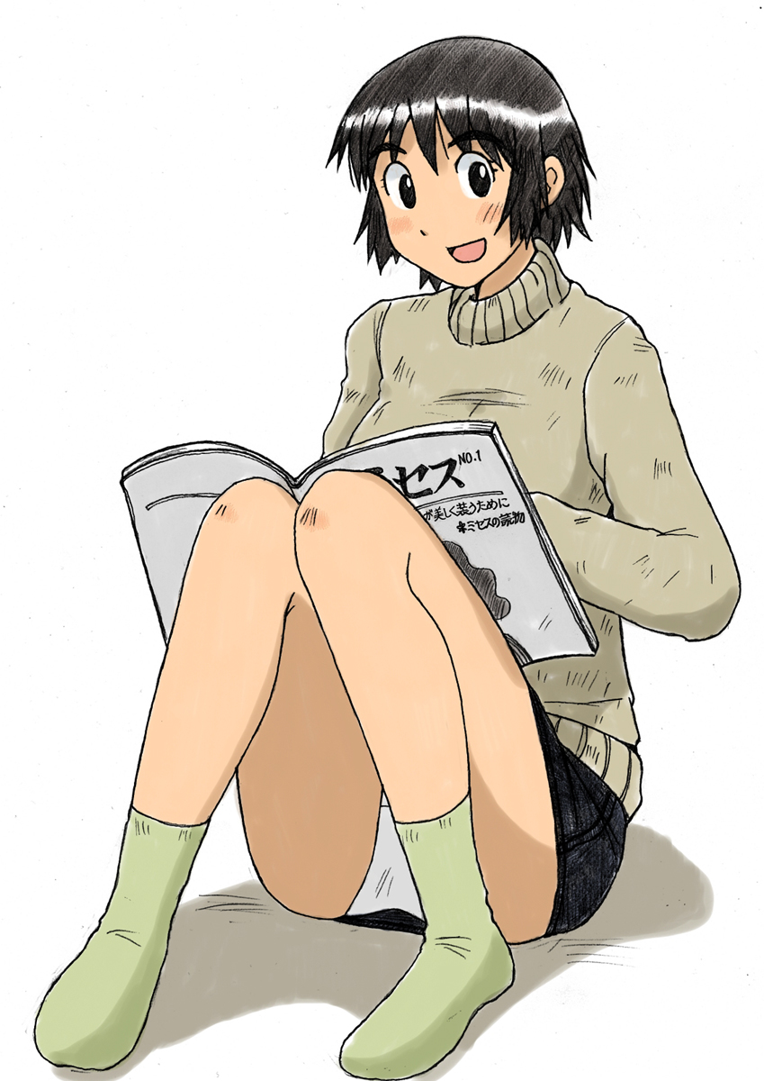 1girl ayase_fuuka black_eyes black_hair blush breasts legs long_sleeves looking_at_viewer magazine miniskirt open_mouth panties pantyshot pantyshot_(sitting) sachisuke_masumura shadow shiny shiny_hair short_hair simple_background sitting skirt smile socks solo sweater underwear yotsubato!