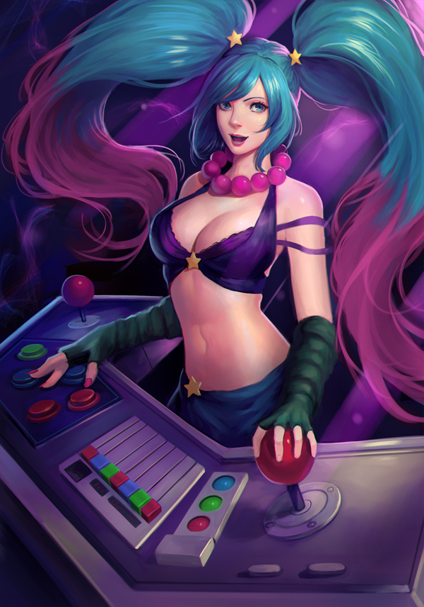 1girl alternate_costume arcade_sona blue_hair breasts cleavage controller joystick league_of_legends looking_at_viewer phamoz smile solo sona_buvelle twintails two-tone_hair