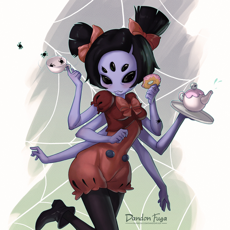 1girl black_eyes black_hair dandon_fuga doughnut extra_arms extra_eyes food monster_girl muffet pantyhose purple_skin solo spider spider_girl spider_web teacup teapot twintails undertale