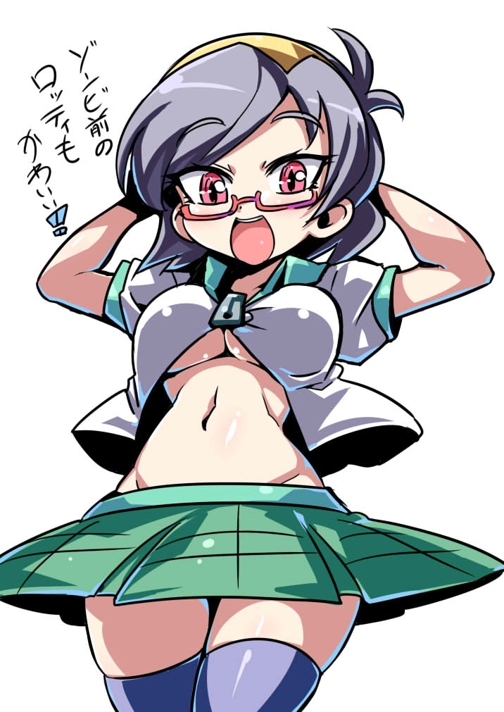 1girl :d black_hair breasts cleavage glasses hairband looking_at_viewer midriff miniskirt navel open_mouth red_eyes rottytops shantae shantae_and_the_pirate's_curse skirt smile torn_clothes translation_request tukiwani under_boob wide_hips