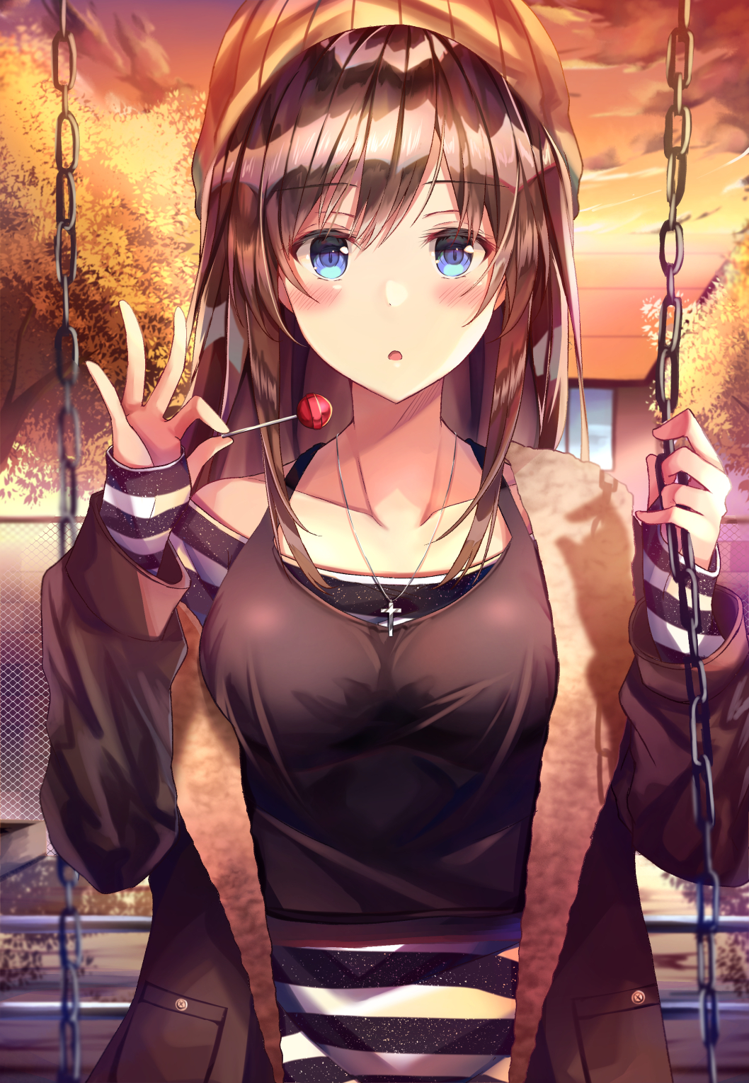 1girl bangs bare_shoulders beanie black_camisole black_jacket blue_eyes blush brown_hair brown_headwear building camisole camisole_over_clothes candy chain chain-link_fence collarbone commentary_request dress eyebrows_visible_through_hair fence food hair_between_eyes hands_up hat highres holding holding_food holding_lollipop jacket lollipop long_hair long_sleeves looking_at_viewer off-shoulder_dress off_shoulder open_clothes open_jacket original outdoors parted_lips revision sitting sleeves_past_wrists solo striped striped_dress sunset tsukasa_0719