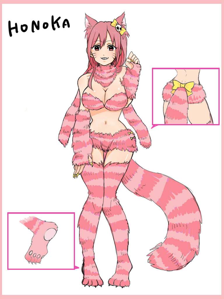 1girl breasts cat_ears character_sheet cheshire_cat_(cosplay) dead_or_alive fingerless_gloves full_body gloves hachuurui honoka_(doa) nail_polish navel pink_eyes pink_hair ribbon sharp_nails shorts simple_background smile solo tail white_background zettai_ryouiki