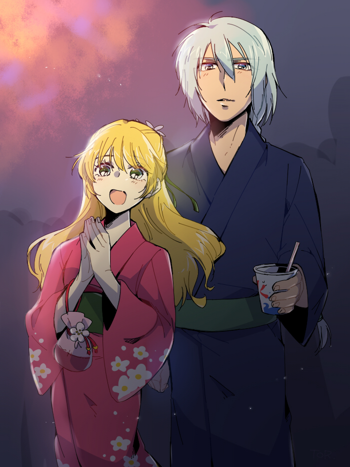 1boy 1girl blonde_hair blue_eyes blue_hair blush braid breasts claire_bennett flower green_eyes japanese_clothes long_hair open_mouth tales_of_(series) tales_of_rebirth veigue_lungberg yukata