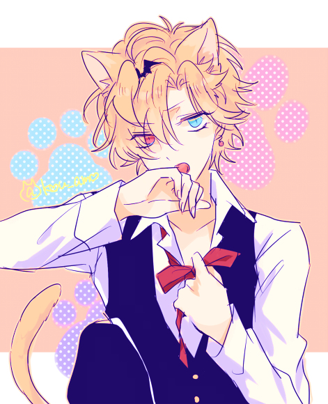 1boy amo_(yellowpink_a) bat_wings blonde_hair blue_eyes bow bowtie cat_ears covering diabolik_lovers hair_over_one_eye heterochromia jewelry knee_up looking_at_viewer male_focus mukami_kou open_mouth ponytail red_eyes single_earring solo tail undressing upper_body wings
