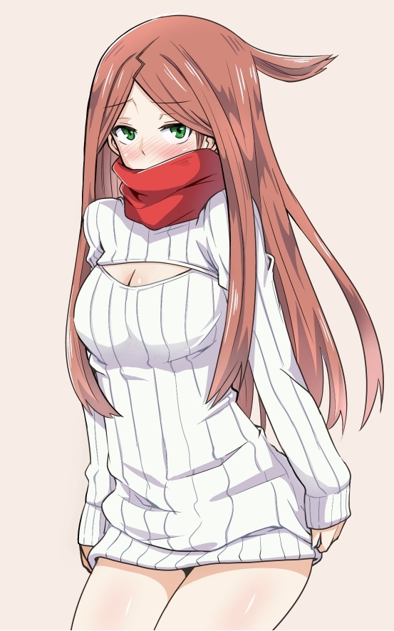 1girl blush breasts brown_hair cleavage green_eyes konami_kirie long_hair open-chest_sweater pink_background scarf sweater world_trigger