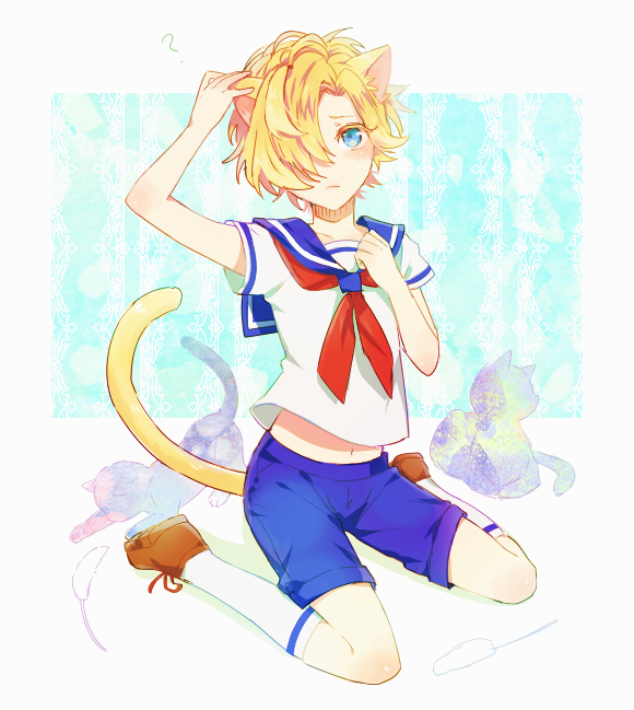 1boy ? amo_(yellowpink_a) animal blonde_hair blue_eyes blush bow bowtie calf_socks cat cat_ears cat_tail child diabolik_lovers full_body hair_over_one_eye hand_on_own_chest mukami_kou navel sailor_uniform shorts solo tail touching younger