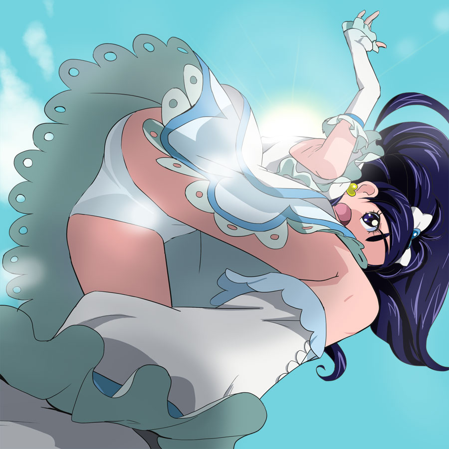 1girl blue_sky clouds cure_white earrings futari_wa_precure haruyama_kazunori heart heart_earrings jewelry long_hair magical_girl open_mouth panties precure purple_hair skirt sky solo sun underwear violet_eyes white_panties white_skirt yukishiro_honoka