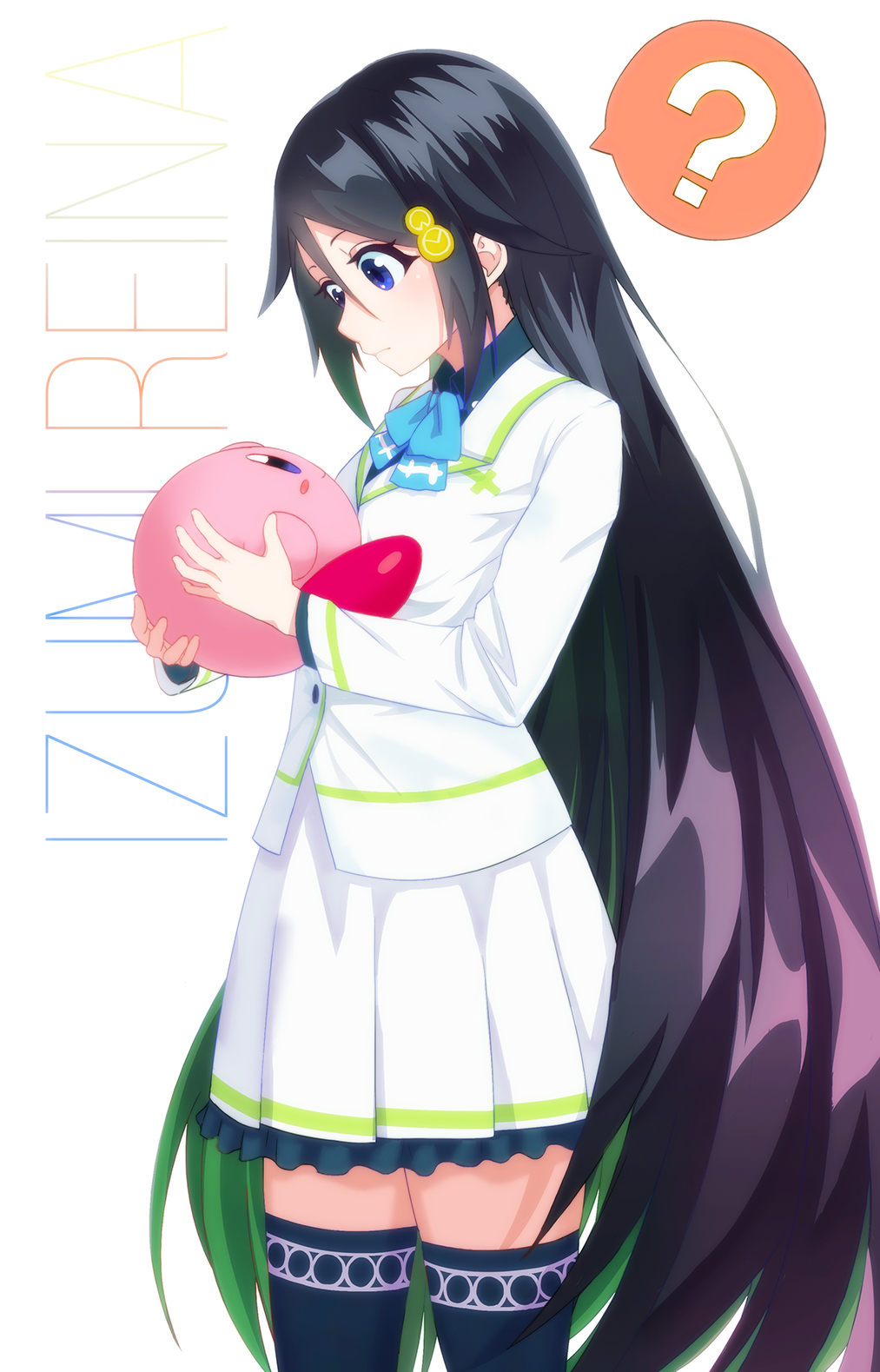1girl ? black_hair blue_eyes blush character_name crossover dafi gradient_hair green_hair hair_flaps hair_ornament highres izumi_reina kirby kirby_(series) kyoto_animation long_hair looking_at_another multicolored_hair musaigen_no_phantom_world nintendo power_connection school_uniform smile thigh-highs trait_connection very_long_hair white_background