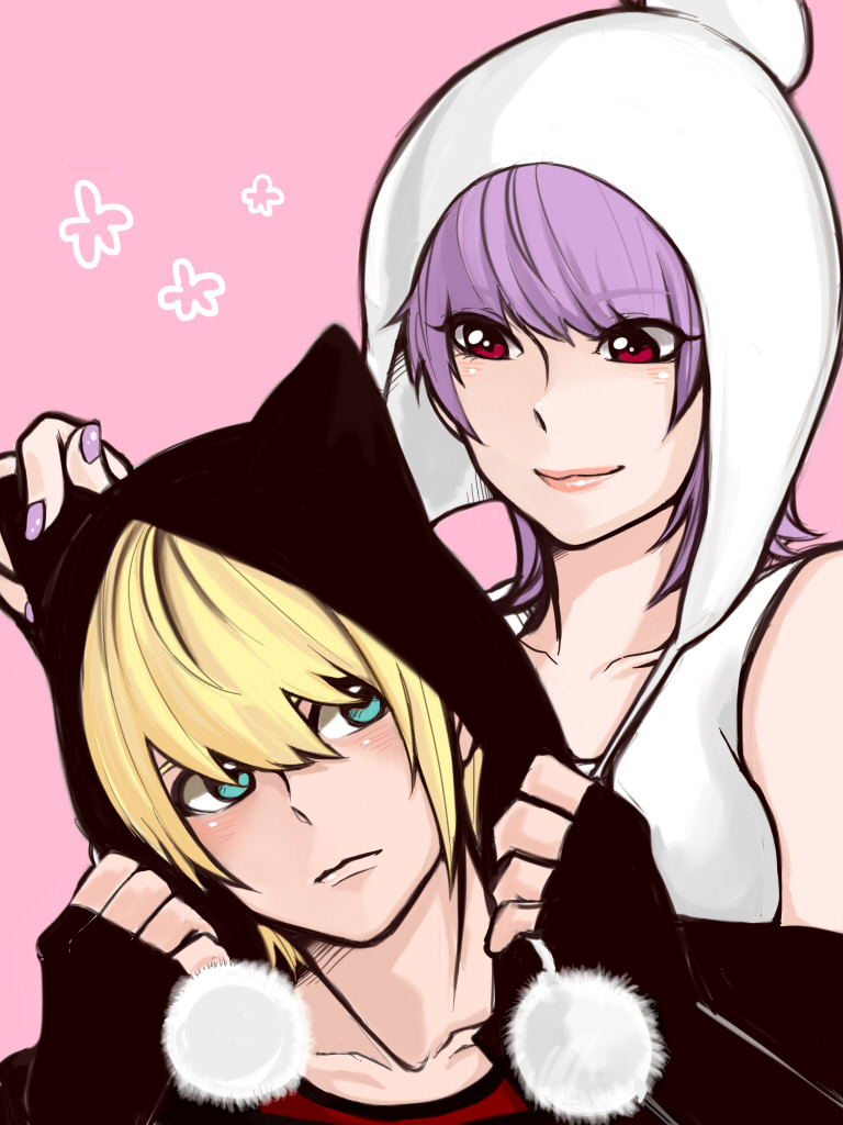 1boy 1girl ayane ayane_(doa) blonde_hair blue_eyes blush cat_ears dead_or_alive eliot_(doa) fingerless_gloves gloves hachuurui lavender_hair looking_at_another nail_polish red_eyes shirt simple_background smile striped_shirt