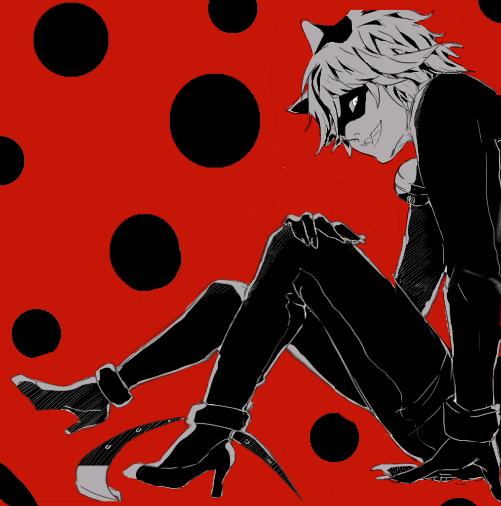 1boy adrien_agreste bell bodysuit cat_ears chat_noir fangs flat_color glowing glowing_eyes heels looking_at_viewer male_focus miraculous_ladybug monochrome sharp_nails solo tongue