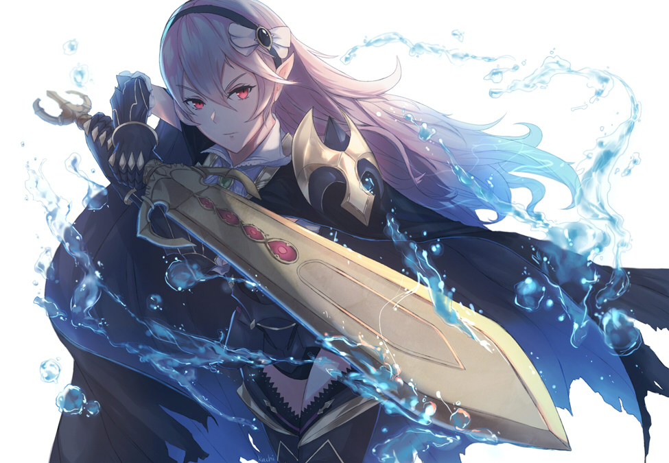 1girl alternate_costume armor cape fire_emblem fire_emblem_if hairband kachiino looking_at_viewer my_unit_(fire_emblem_if) pointy_ears red_eyes smile solo sword upper_body water