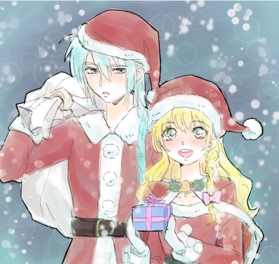 1boy 1girl aqua_eyes belt blonde_hair blue_eyes blue_hair blush braid breasts capelet christmas claire_bennett dress gloves hat long_hair open_mouth present ribbon santa_costume santa_hat snow tales_of_(series) tales_of_rebirth veigue_lungberg