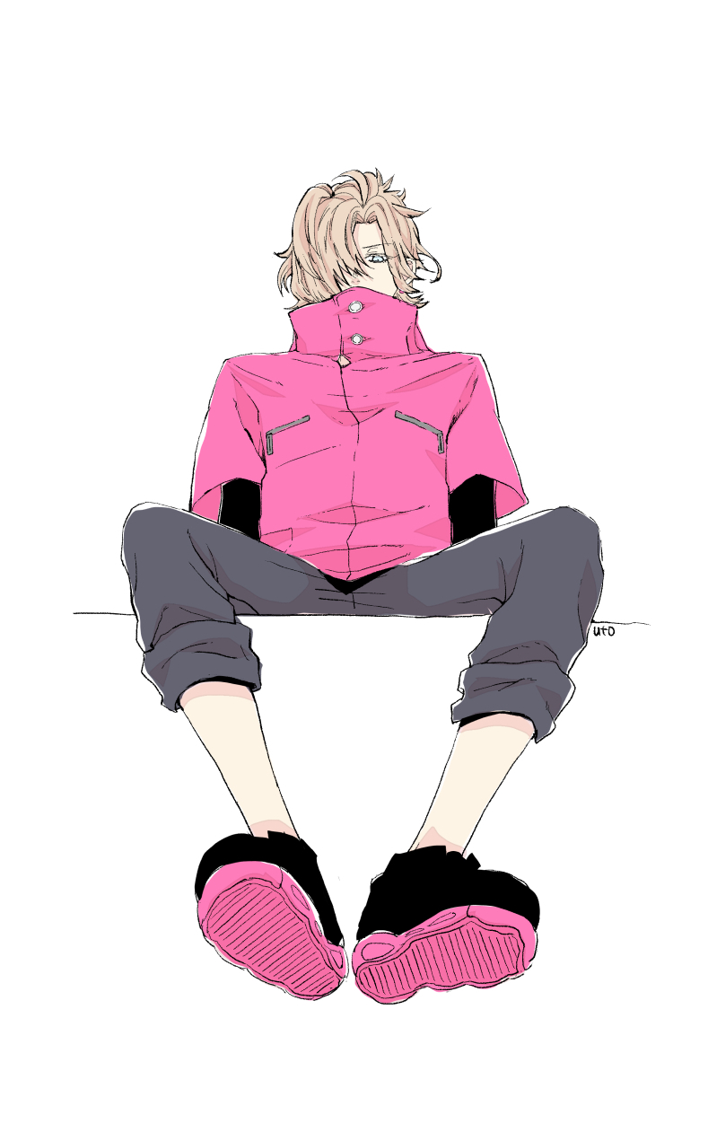 1boy blonde_hair capri_pants diabolik_lovers feet from_below full_body hair_over_one_eye looking_at_viewer male_focus mukami_kou pants ponytail pov_feet shoes simple_background sitting solo white_background