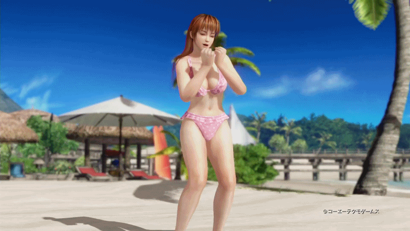 1girl 3d animated animated_gif beach bent_over bikini breasts brown_eyes brown_hair cleavage dead_or_alive dead_or_alive_xtreme dead_or_alive_xtreme_3_fortune female hips kasumi_(doa) large_breasts leaning legs long_hair outdoors sky solo swimsuit
