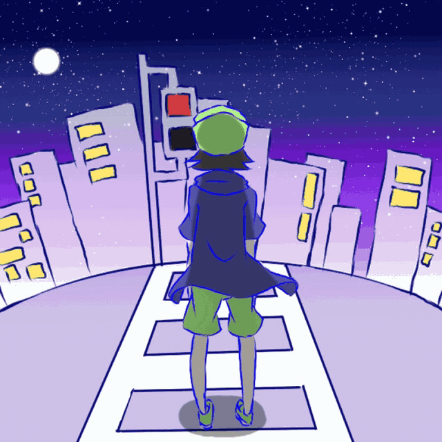 1boy animated animated_gif back buildings from_behind night shicchi_no_gensei_rin sky solo stars street