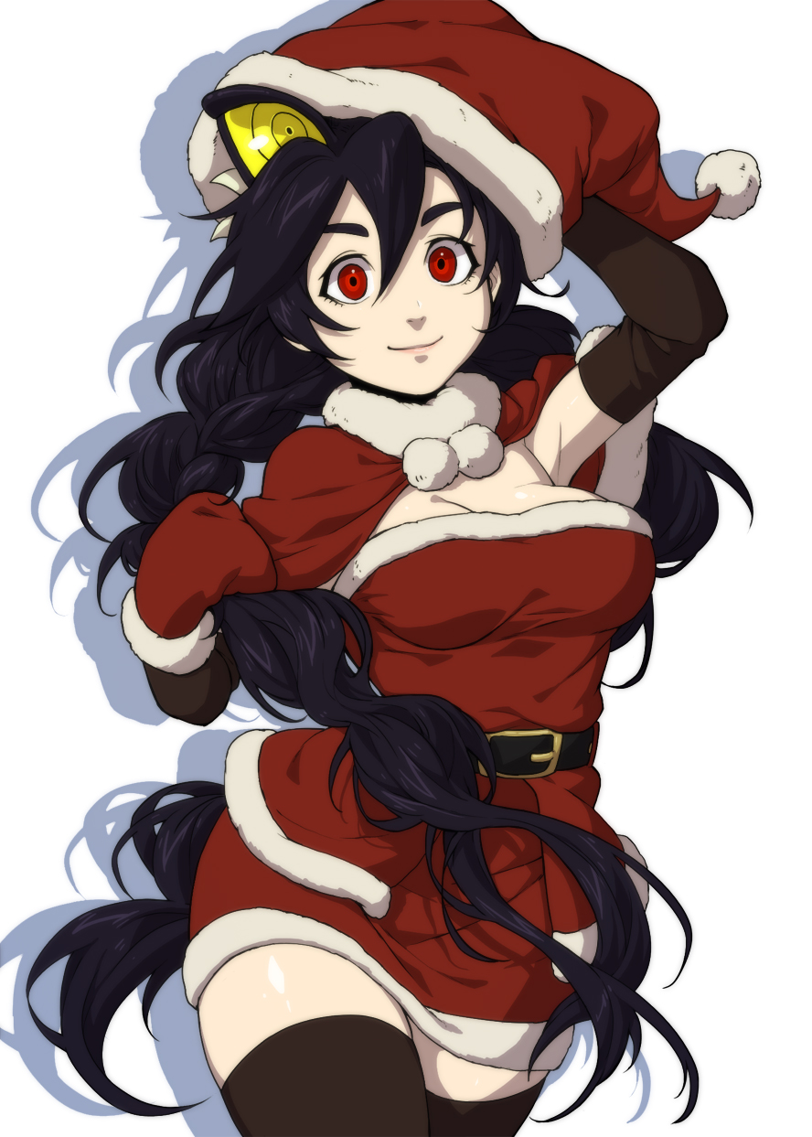 1girl black_hair braid breasts christmas female filia_(skullgirls) ganno gloves hat long_hair pom_pom_(clothes) red_eyes samson_(skullgirls) santa_dress santa_hat santa_suit skullgirls thigh-highs twin_braids