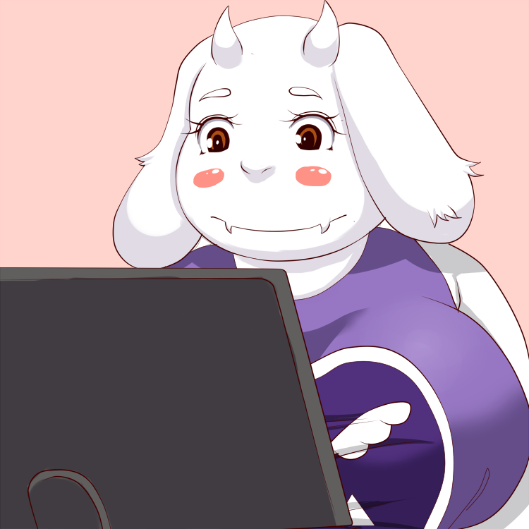 1girl breasts brown_eyes brown_hair computer female grape_jelly_(artist) horn open_mouth sheep short_hair simple_background solo toriel undertale upper_body