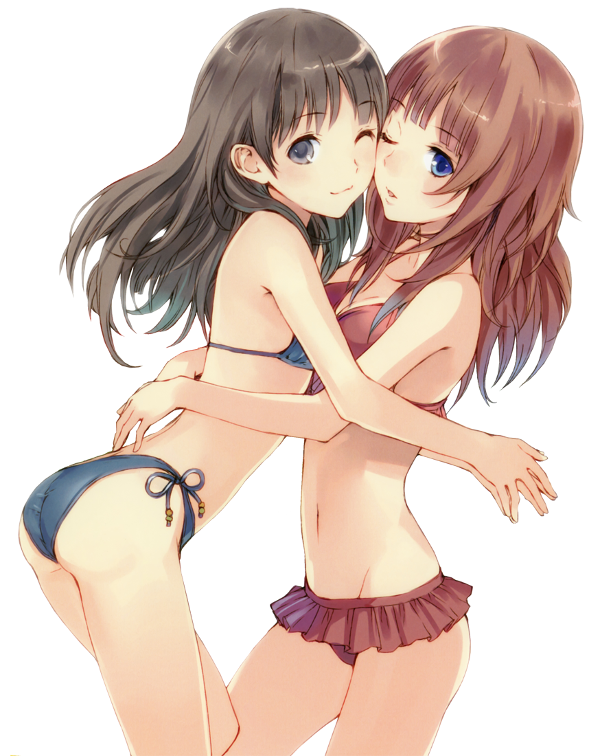 2girls :3 absurdres arm arms_around_waist ass atelier_(series) atelier_rorona atelier_totori bare_arms bare_legs bare_shoulders bikini bikini_skirt black_eyes black_hair blue_bikini blue_eyes blue_swimsuit blush breast_press breasts brown_hair cheek-to-cheek cleavage female frilled_bikini frills highres hime_cut hug kishida_mel leaning leaning_forward legs long_hair looking_at_viewer midriff multiple_girls navel official_art one_eye_closed open_mouth red_bikini red_swimsuit rororina_fryxell side-tie_bikini standing swimsuit symmetrical_docking totooria_helmold transparent_background wince wink yuri