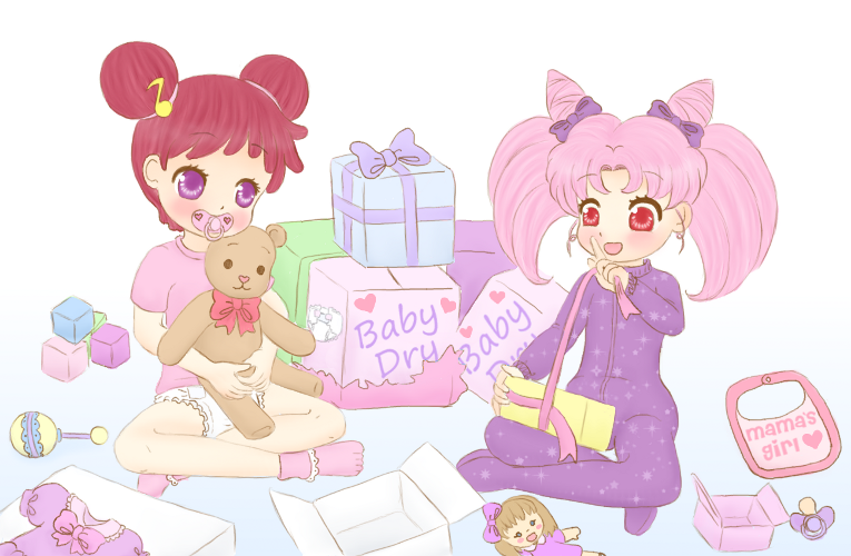 2girls bishoujo_senshi_sailor_moon blush chibi_usa crossover diaper drill_hair harukaze_doremi multiple_girls ojamajo_doremi open_mouth pacifier pajamas pink_hair pink_socks present red_eyes redhead smile socks teddy_bear twintails violet_eyes