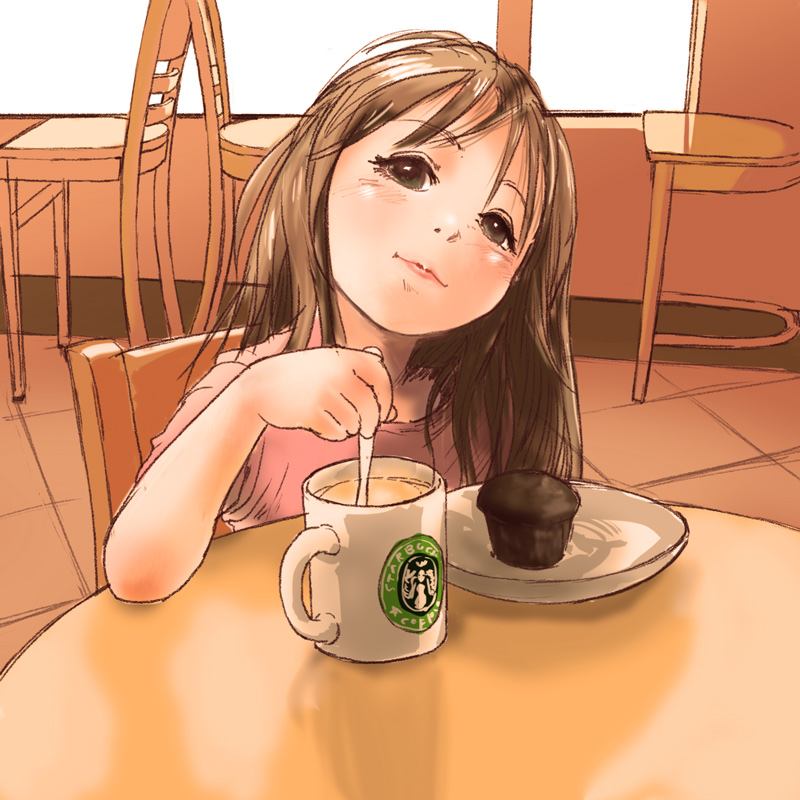 1girl black_eyes blush brown_hair chair child coffee company_name cup drink food head_tilt logo looking_at_viewer muffin mug pink_shirt plate restaurant shirt sitting smile solo spoon starbucks stdl stirring table tile_floor