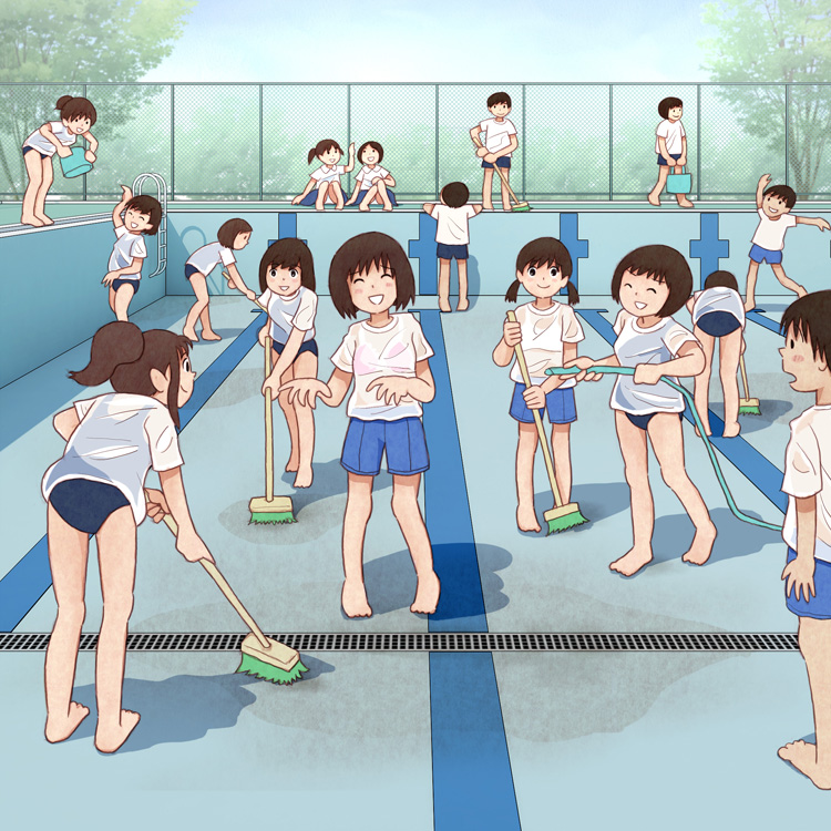 4boys 6+girls ^_^ child closed_eyes kiyo_(kyokyo1220) legs multiple_boys multiple_girls original school_swimsuit see-through smile swimsuit wet_shirt wet_swimsuit