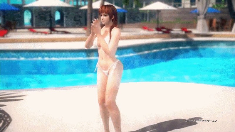 1girl 3d alternate_costume animated animated_gif ass bikini breasts brown_eyes brown_hair cleavage dead_or_alive dead_or_alive_xtreme dead_or_alive_xtreme_3_fortune female hips kasumi_(doa) large_breasts legs long_hair outdoors pool solo swimsuit swimwear water