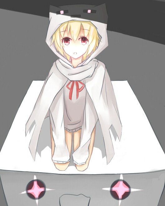 1girl blonde_hair ghast minecraft no_pants personification red_ribbon ribbon ryotaruu solo sweater tagme violet_eyes