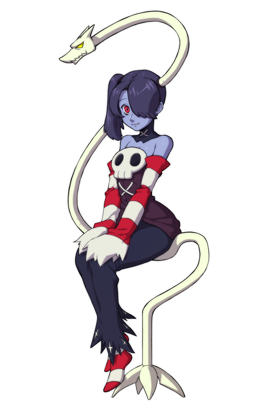 1girl bare_shoulders blue_skin detached_collar detached_sleeves ganno hair_over_one_eye leviathan_(skullgirls) red_eyes side_ponytail sitting skullgirls squigly_(skullgirls) stitched_mouth stitches striped_legwear striped_sleeves thigh-highs zombie zombie_girl