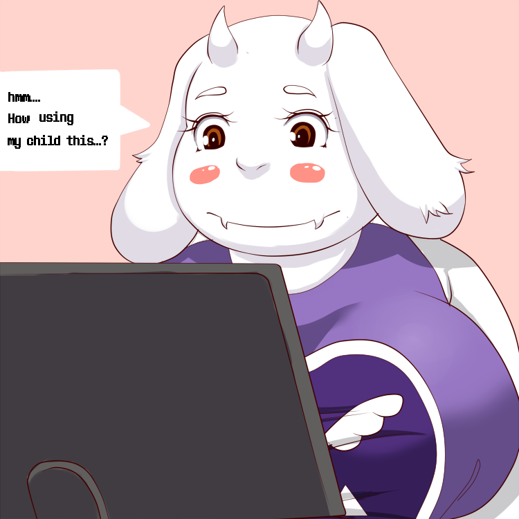 1girl breasts brown_eyes brown_hair computer english female grape_jelly_(artist) horn open_mouth sheep short_hair simple_background solo toriel translation_request undertale upper_body