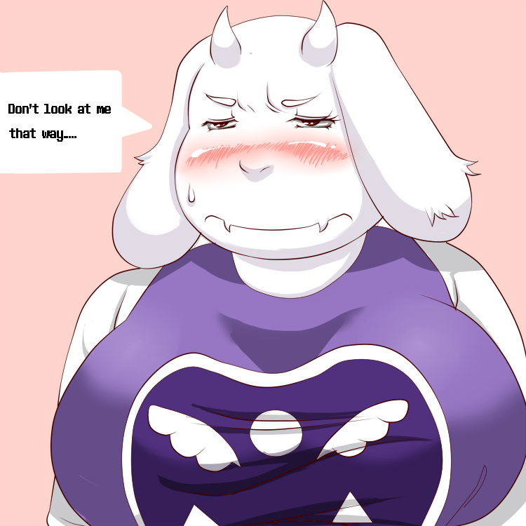 1girl blush breasts brown_eyes brown_hair embarrassed english female grape_jelly_(artist) horn open_mouth sheep short_hair simple_background solo toriel undertale upper_body