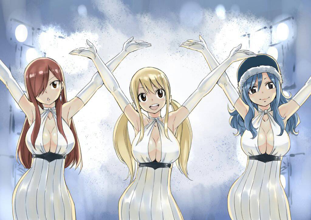 3girls :&lt; arms_up blonde_hair blue_hair breasts cleavage dress earrings elbow_gloves erza_scarlet fairy_tail gloves hair_over_one_eye hat jewelry juvia_loxar looking_at_viewer lucy_heartfilia mashima_hiro multiple_girls official_art open_mouth redhead smile twintails white_gloves