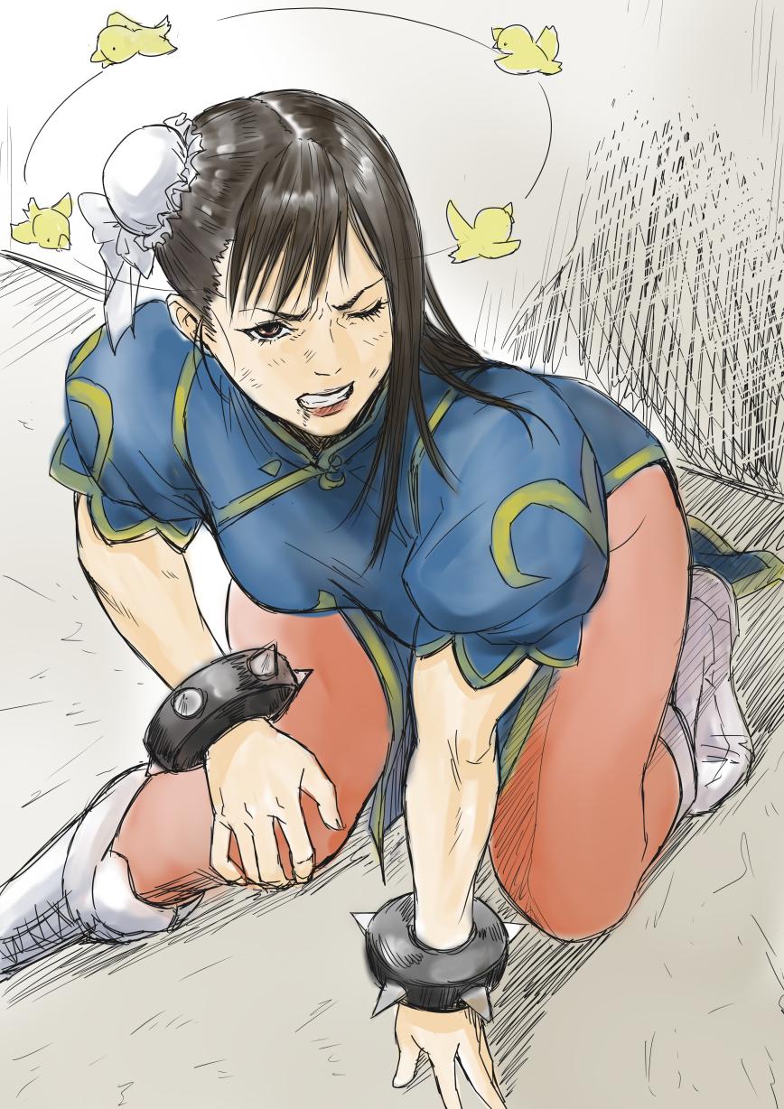 1girl angry black_hair boots bun_cover china_dress chinese_clothes chun-li clenched_teeth closed_eye double_bun dress female hair_bun highres kneeling long_hair pain pantyhose redlight scratches solo spiked_bracelet spikes street_fighter teeth
