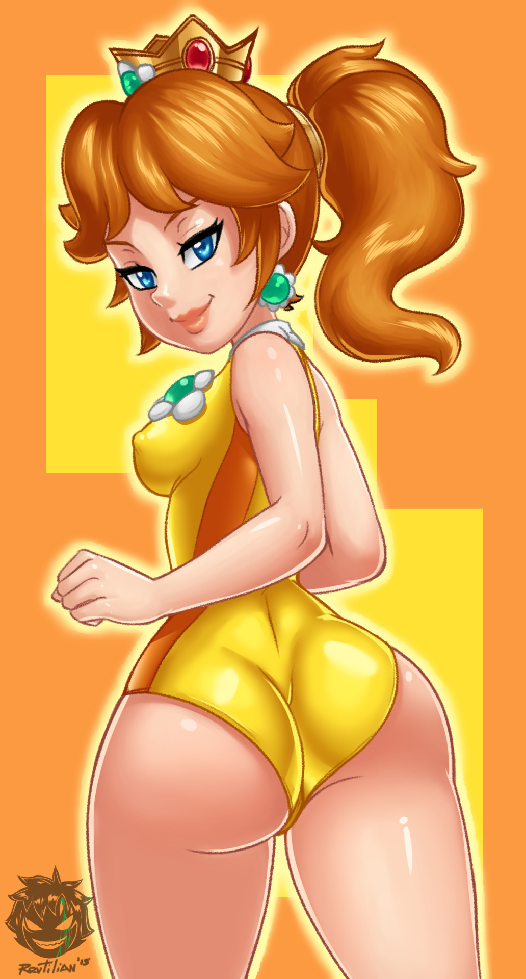 1girl ass blue_eyes brown_hair crown jewelry looking_back mario_&amp;_sonic_at_the_olympic_games mario_&amp;_sonic_at_the_rio_2016_olympic_games nintendo ponytail princess_daisy revtilian smile solo super_mario_bros. super_mario_land