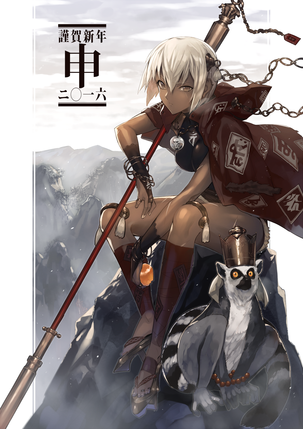 1girl animal ankle_wraps bracelet brown_eyes cape chains crown dark_skin food fruit gloves highres jewelry lemur mountain sandals short_hair shrimpman solo staff text toe_ring translation_request weapon white_hair