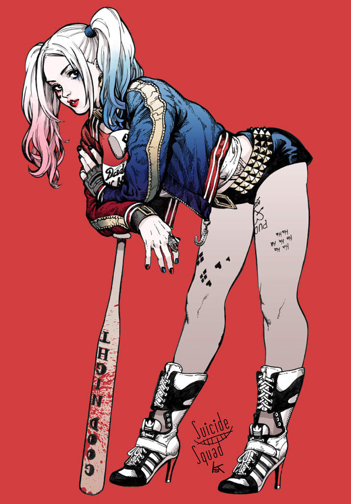 1girl baseball_bat batman_(series) bent_over boots dc_comics dccu dip-dyed_hair full_body harley_quinn high_heel_boots high_heels jacket jewelry kamome_shirahama lipstick looking_at_viewer makeup nail_polish ring short_shorts shorts solo suicide_squad tattoo twintails